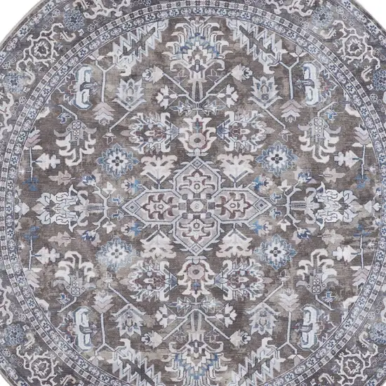 5' Green Floral Power Loom Worn Faded Round Rug Photo 8