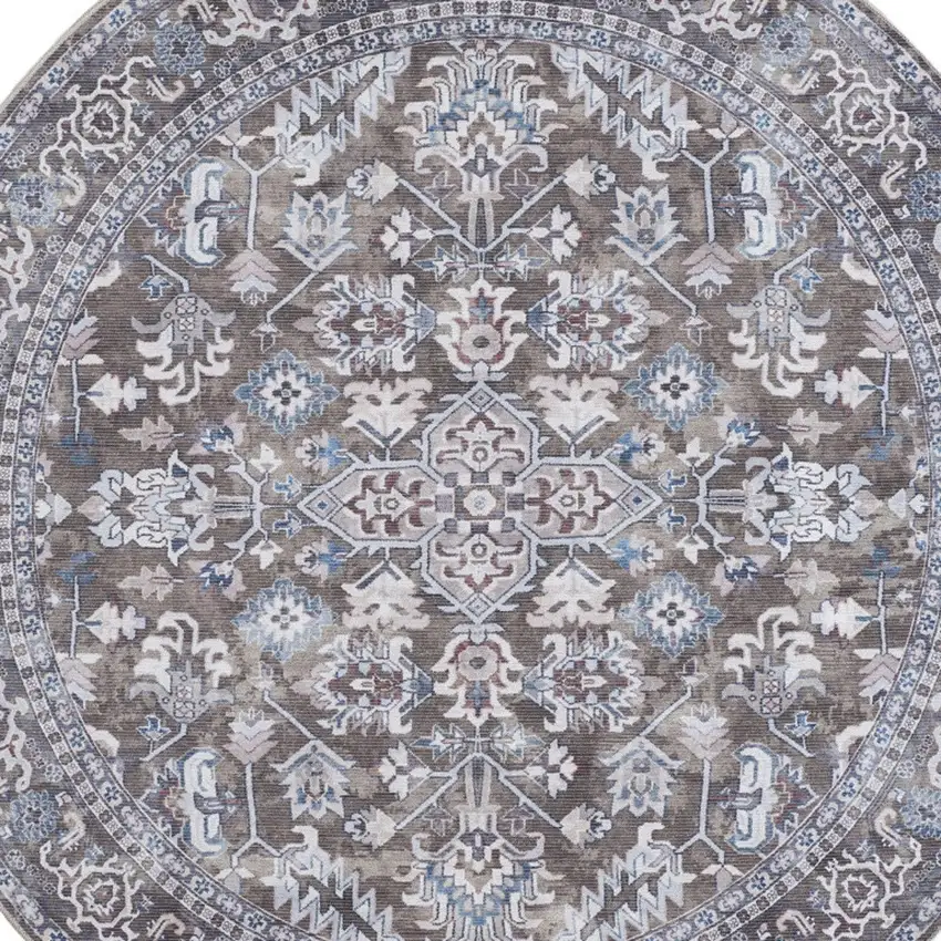 5' Green Floral Power Loom Worn Faded Round Rug Photo 8