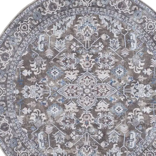 5' Green Floral Power Loom Worn Faded Round Rug Photo 4