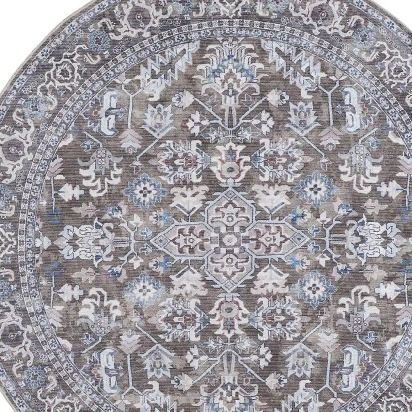 5' Green Floral Power Loom Worn Faded Round Rug Photo 4