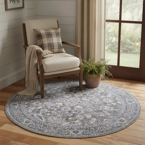 5' Green Floral Power Loom Worn Faded Round Rug Photo 1