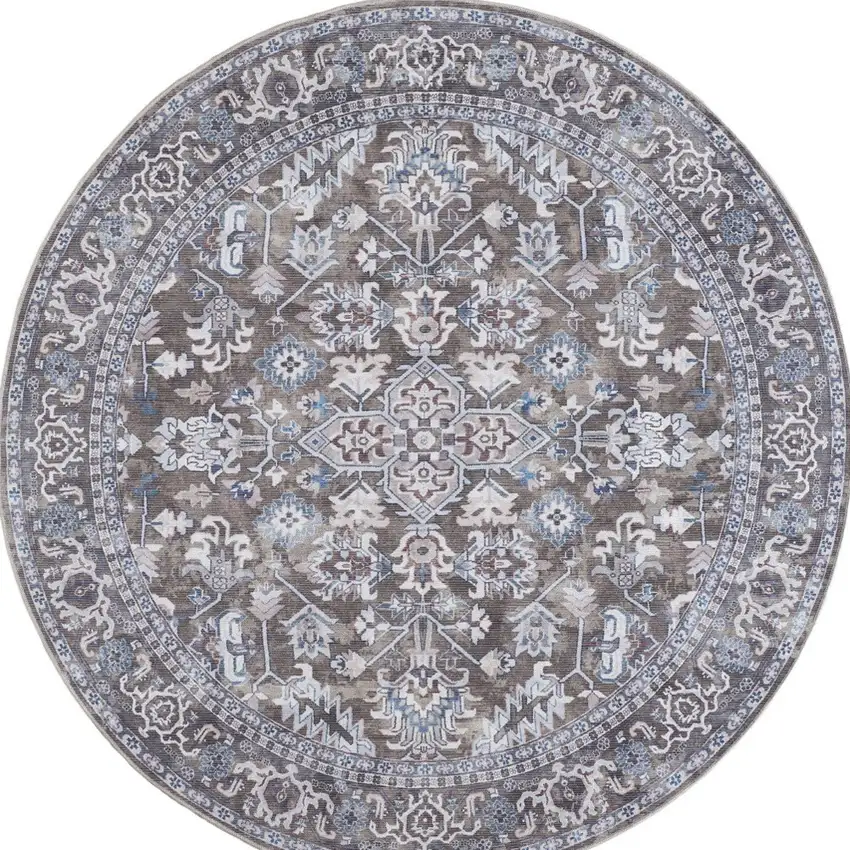 5' Green Floral Power Loom Worn Faded Round Rug Photo 3