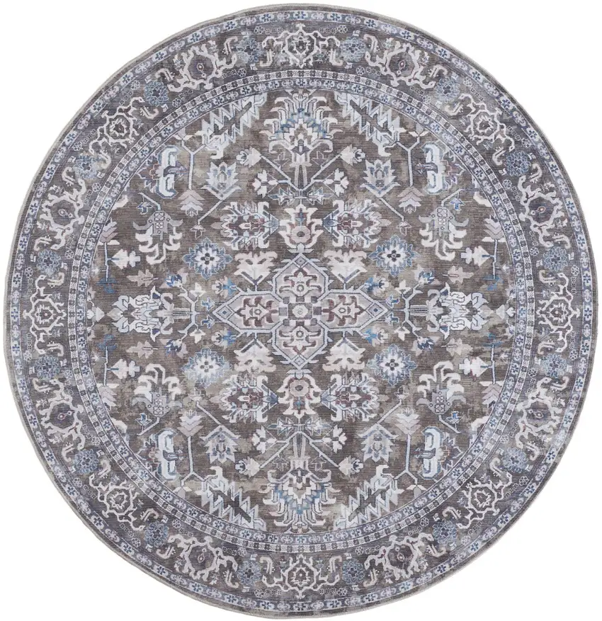 5' Green Floral Power Loom Worn Faded Round Rug Photo 2