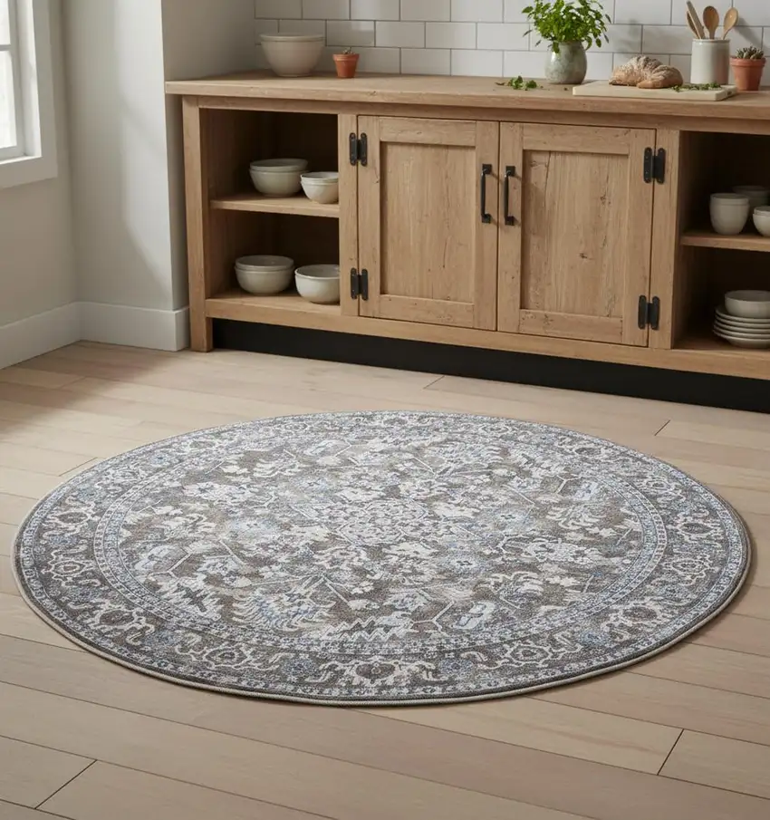 5' Green Floral Power Loom Worn Faded Round Rug Photo 1