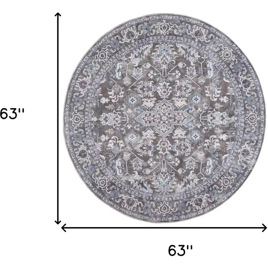 5' Green Floral Power Loom Worn Faded Round Rug Photo 3