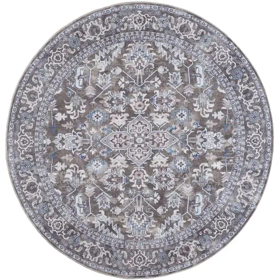 8' Green Floral Power Loom Worn Faded Round Rug Photo 2