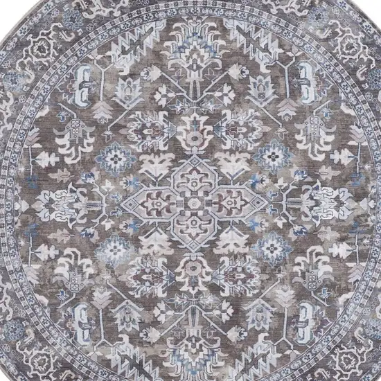 8' Green Floral Power Loom Worn Faded Round Rug Photo 4