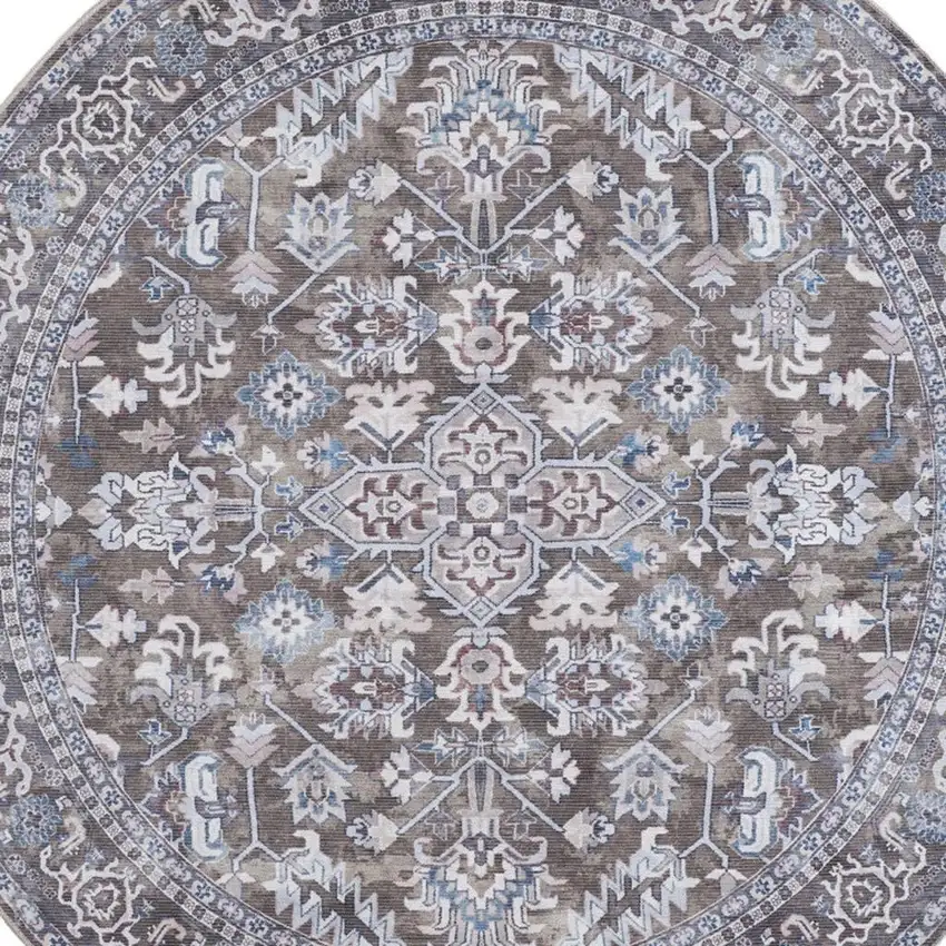 8' Green Floral Power Loom Worn Faded Round Rug Photo 4