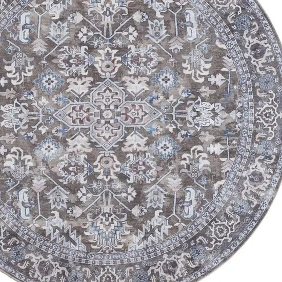 8' Green Floral Power Loom Worn Faded Round Rug Photo 8