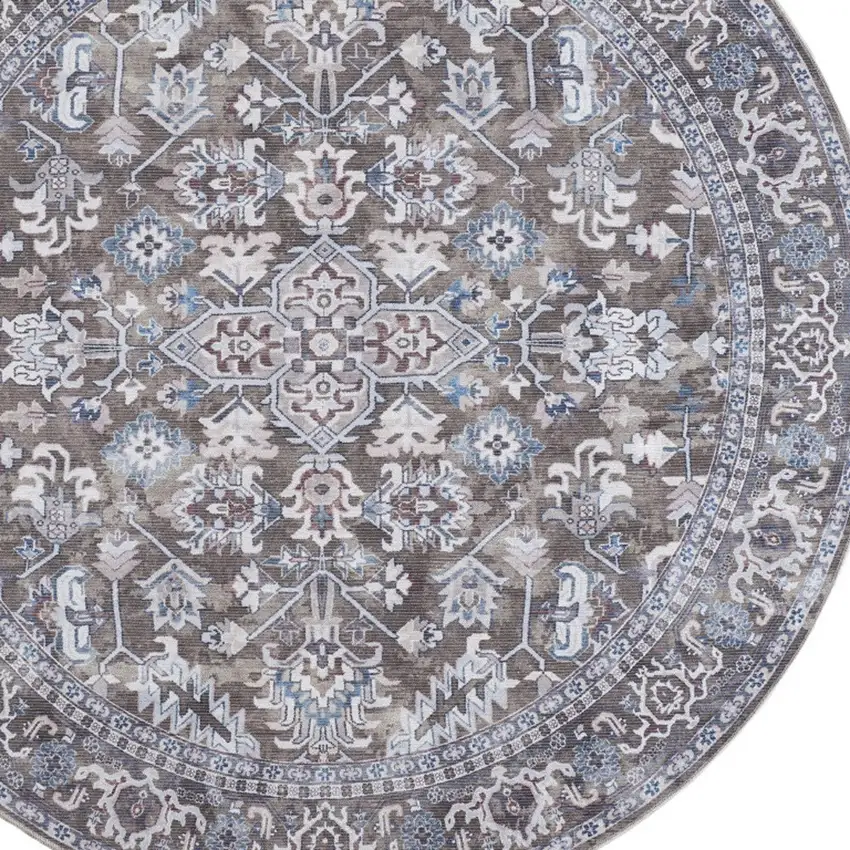 8' Green Floral Power Loom Worn Faded Round Rug Photo 8