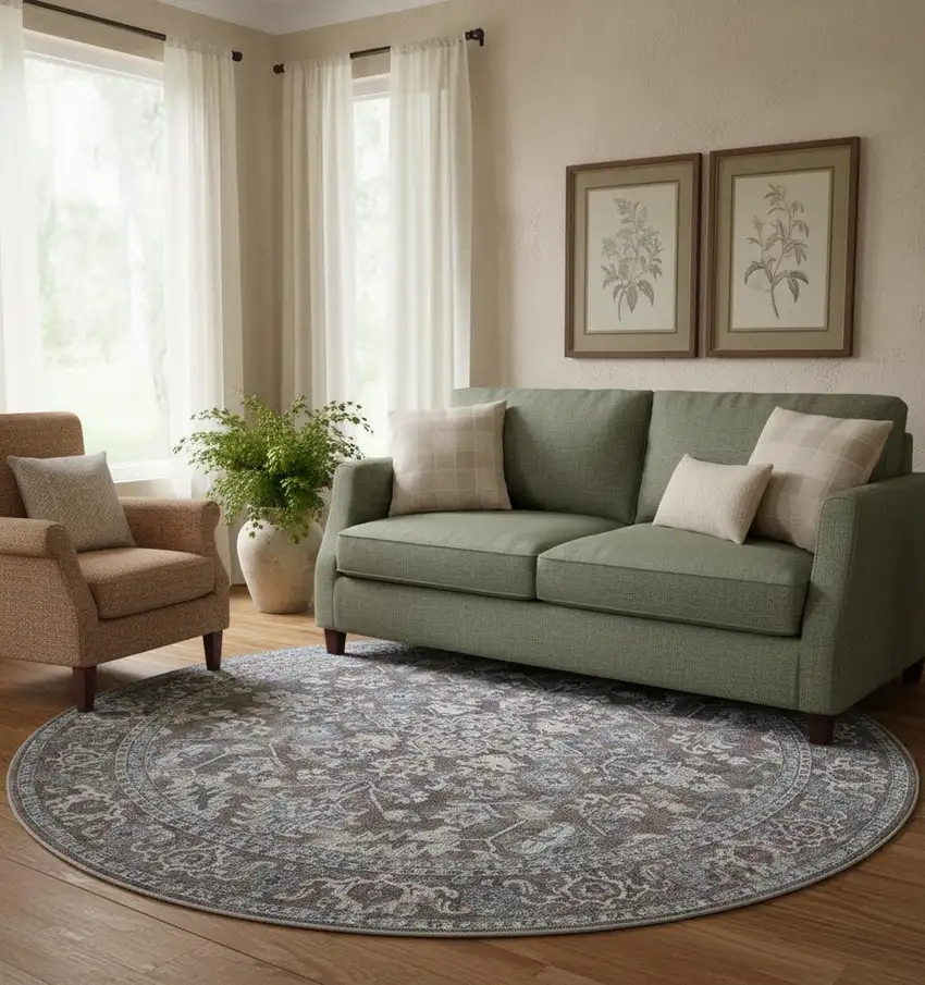 8' Green Floral Power Loom Worn Faded Round Rug Photo 1