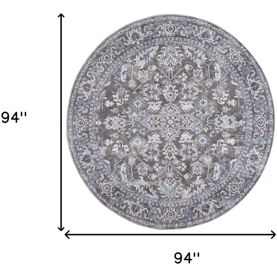 8' Green Floral Power Loom Worn Faded Round Rug Photo 3