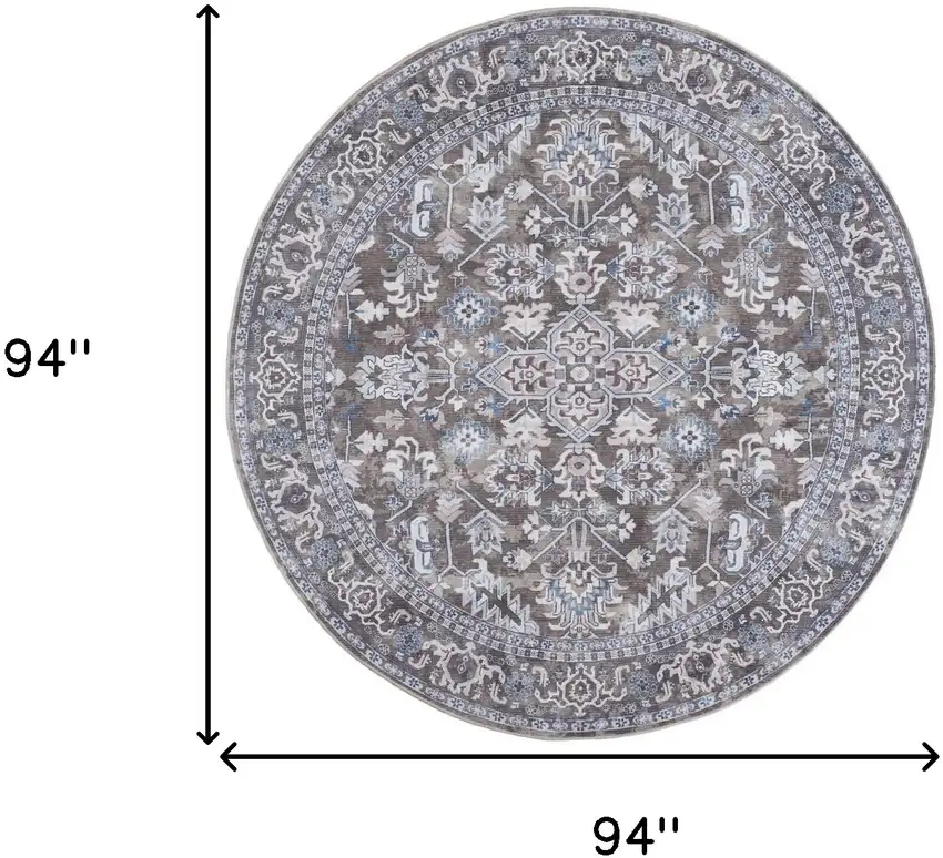 8' Green Floral Power Loom Worn Faded Round Rug Photo 3