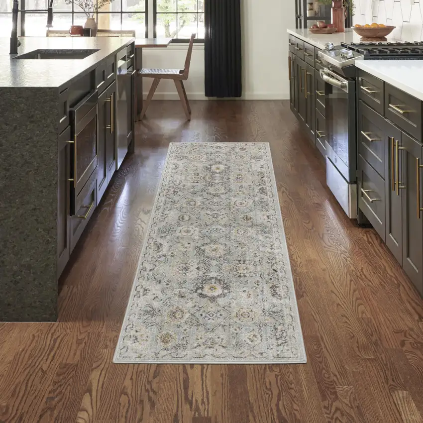 6' Green Floral Worn Faded Runner Rug Photo 5
