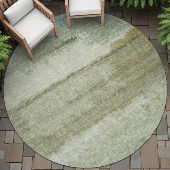 8' Green Gold And Beige Round Abstract Washable Indoor Outdoor Area Rug Photo 6