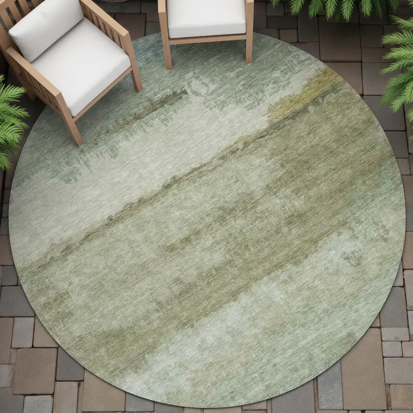 8' Green Gold And Beige Round Abstract Washable Indoor Outdoor Area Rug Photo 6