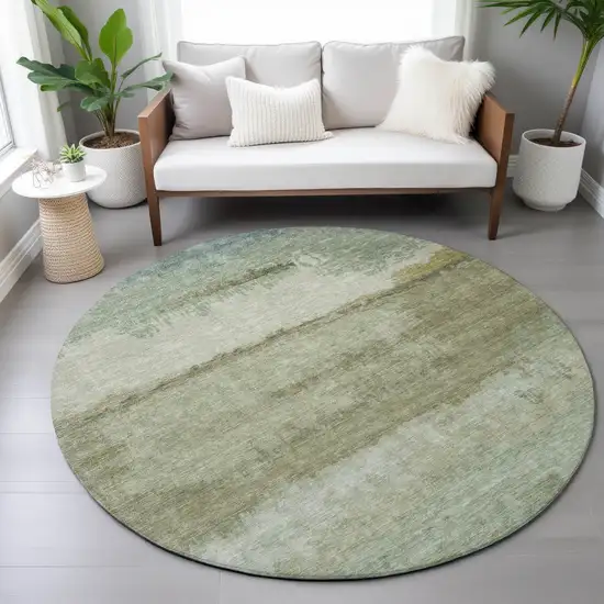 8' Green Gold And Beige Round Abstract Washable Indoor Outdoor Area Rug Photo 7