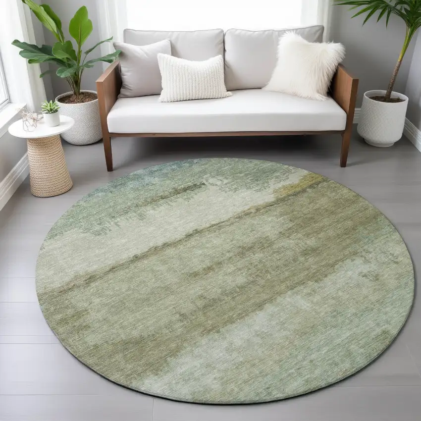 8' Green Gold And Beige Round Abstract Washable Indoor Outdoor Area Rug Photo 7
