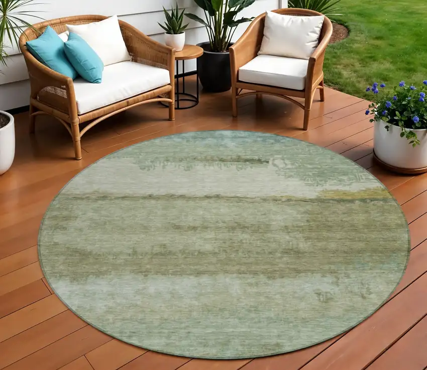 8' Green Gold And Beige Round Abstract Washable Indoor Outdoor Area Rug Photo 2
