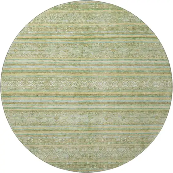 8' Green Gold And Beige Striped Washable Round Rug With UV Protection Photo 3