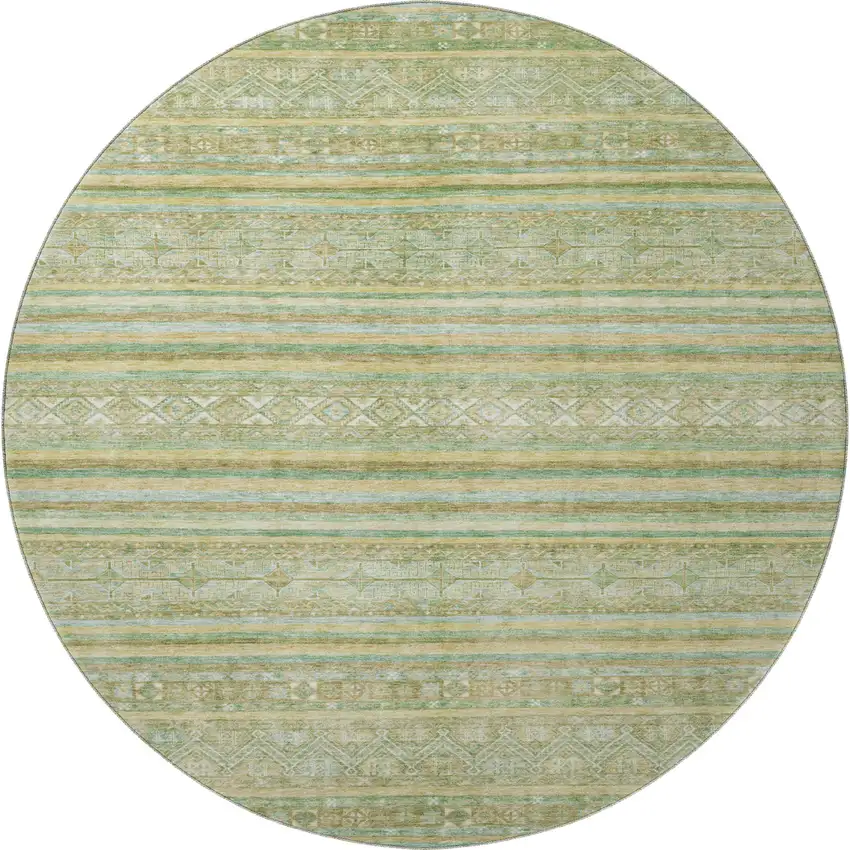8' Green Gold And Beige Striped Washable Round Rug With UV Protection Photo 3