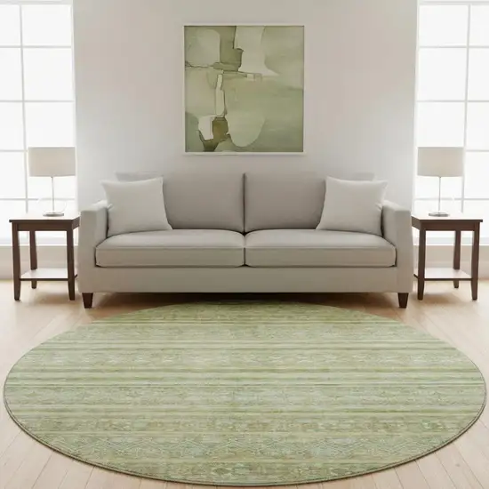 8' Green Gold And Beige Striped Washable Round Rug With UV Protection Photo 2