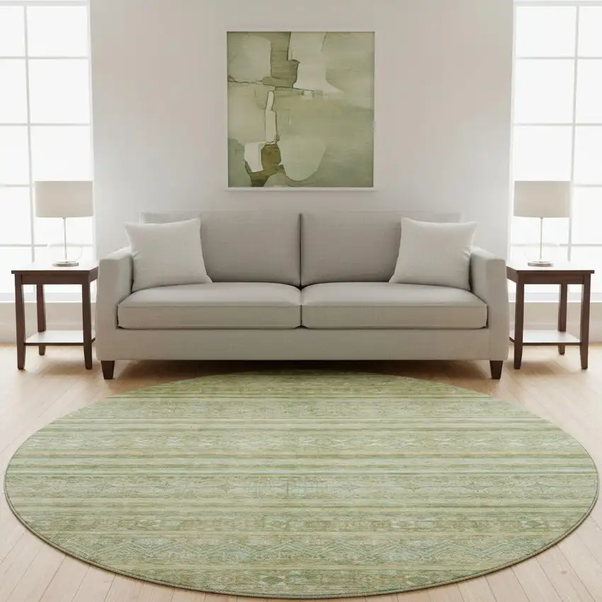 8' Green Gold And Beige Striped Washable Round Rug With UV Protection Photo 2