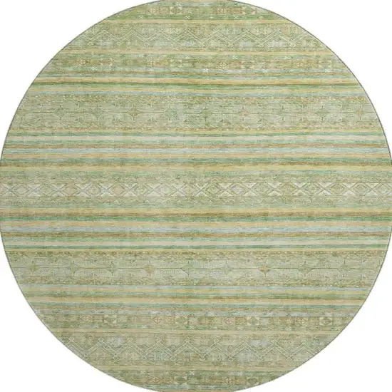 8' Green Gold And Beige Striped Washable Round Rug With UV Protection Photo 2