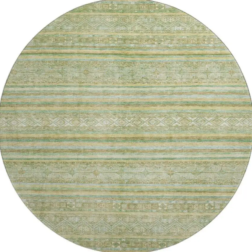 8' Green Gold And Beige Striped Washable Round Rug With UV Protection Photo 2