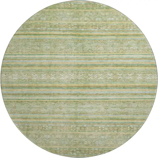 8' Green Gold And Beige Striped Washable Round Rug With UV Protection Photo 1