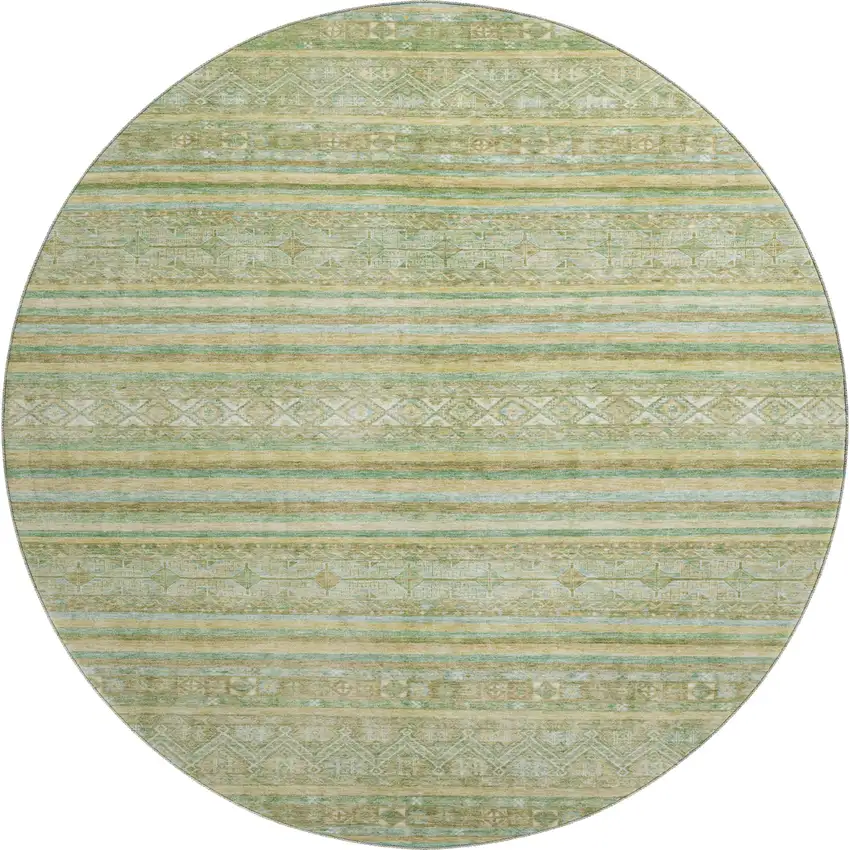 8' Green Gold And Beige Striped Washable Round Rug With UV Protection Photo 1