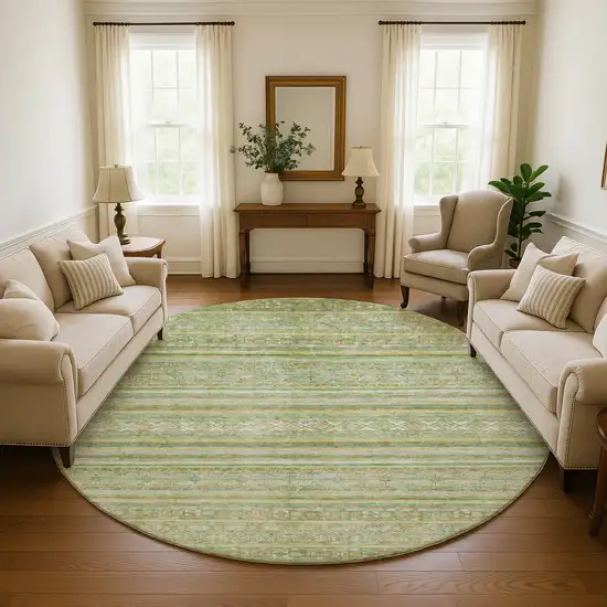 8' Green Gold And Beige Striped Washable Round Rug With UV Protection Photo 4