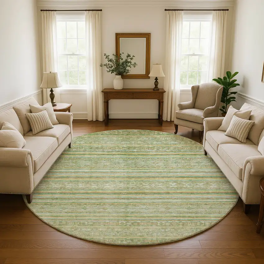 8' Green Gold And Beige Striped Washable Round Rug With UV Protection Photo 4