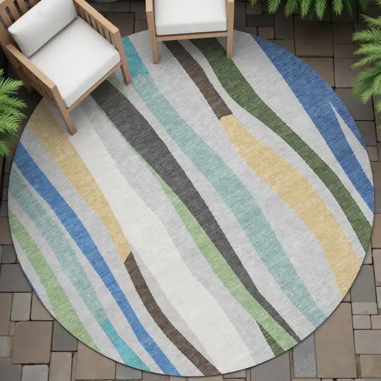 8' Green Gold And Blue Round Striped Washable Indoor Outdoor Area Rug Photo 6