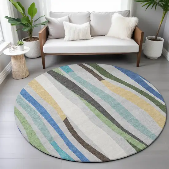 8' Green Gold And Blue Round Striped Washable Indoor Outdoor Area Rug Photo 8