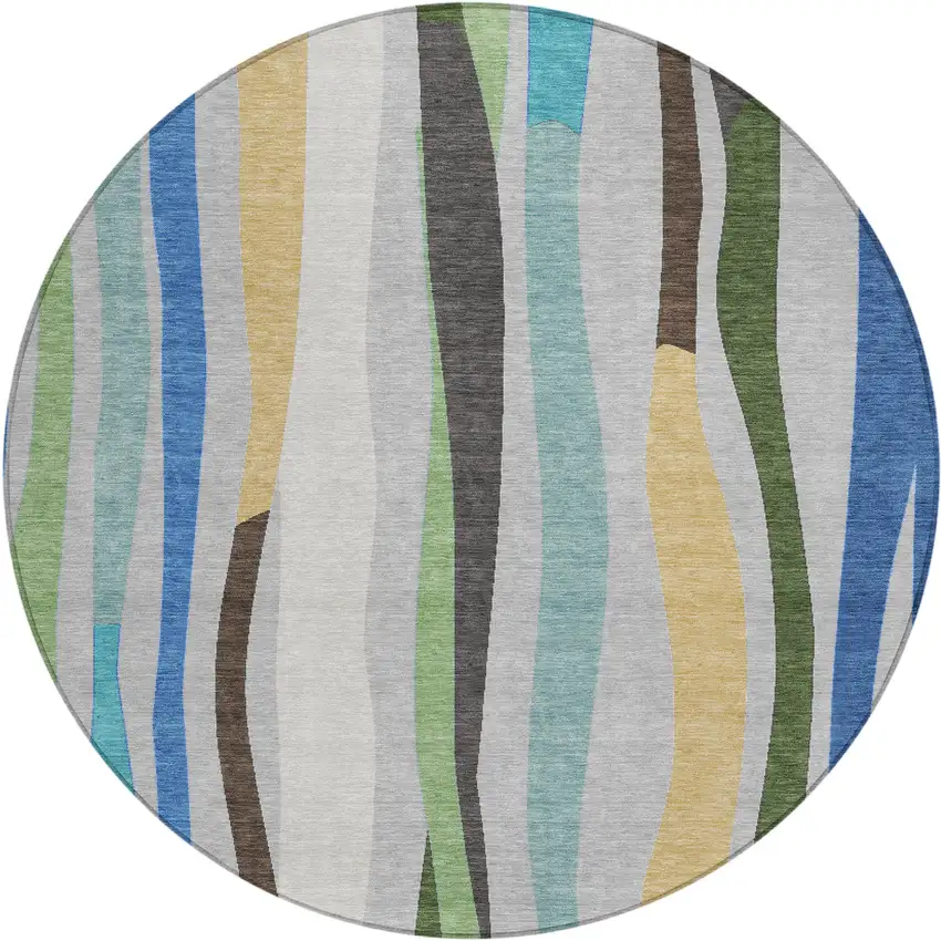8' Green Gold And Blue Round Striped Washable Indoor Outdoor Area Rug Photo 1