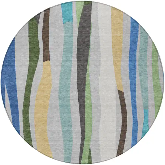 8' Green Gold And Blue Round Striped Washable Indoor Outdoor Area Rug Photo 3