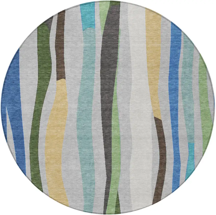 8' Green Gold And Blue Round Striped Washable Indoor Outdoor Area Rug Photo 3
