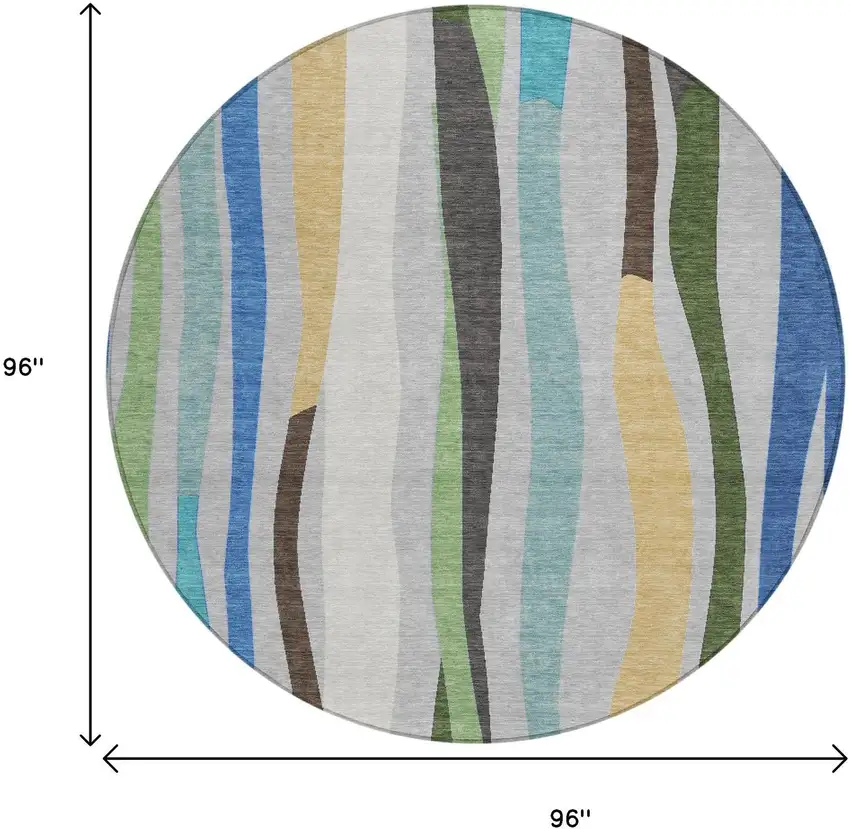 8' Green Gold And Blue Round Striped Washable Indoor Outdoor Area Rug Photo 9