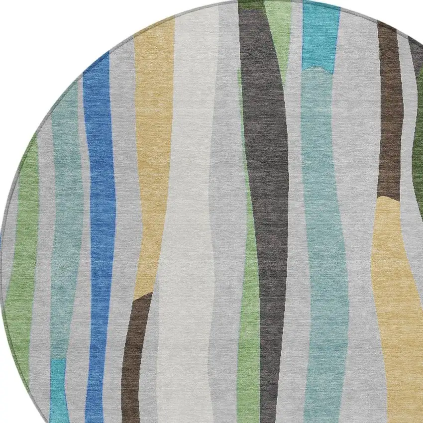 8' Green Gold And Blue Round Striped Washable Indoor Outdoor Area Rug Photo 5
