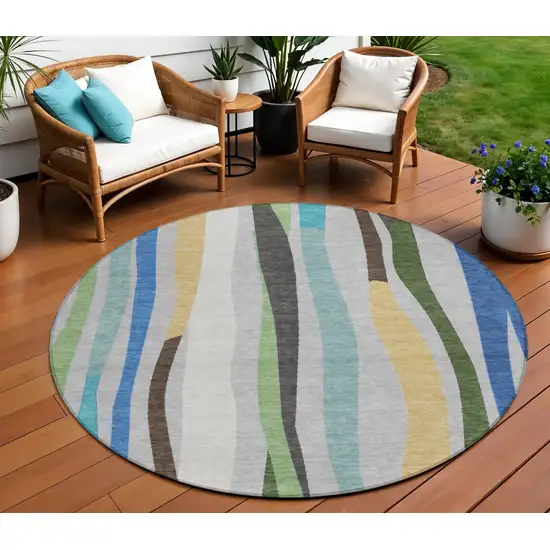 8' Green Gold And Blue Round Striped Washable Indoor Outdoor Area Rug Photo 2