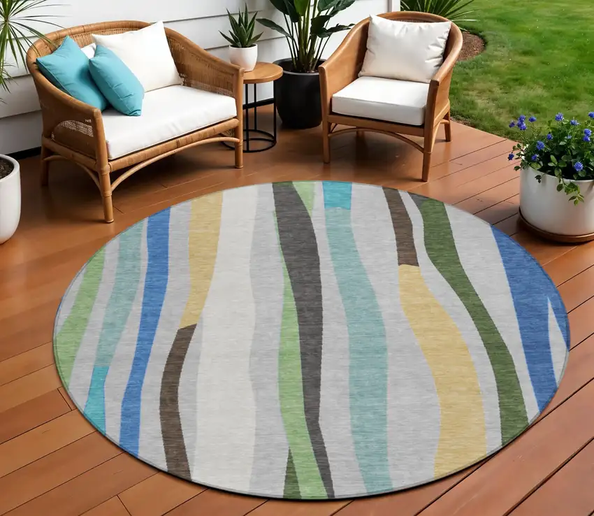 8' Green Gold And Blue Round Striped Washable Indoor Outdoor Area Rug Photo 2