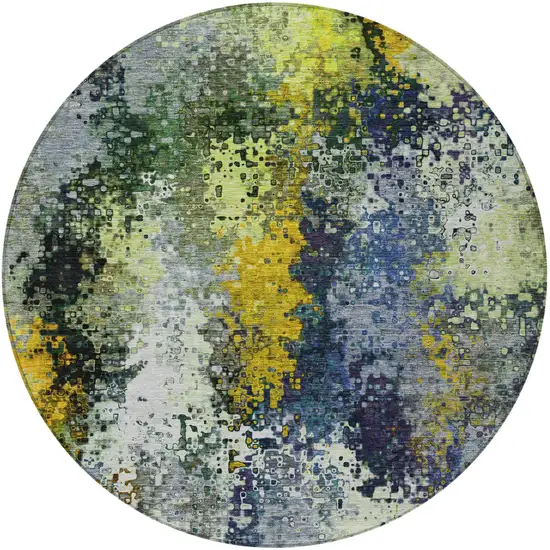 8' Green Gold And Charcoal Round Abstract Washable Indoor Outdoor Area Rug Photo 4
