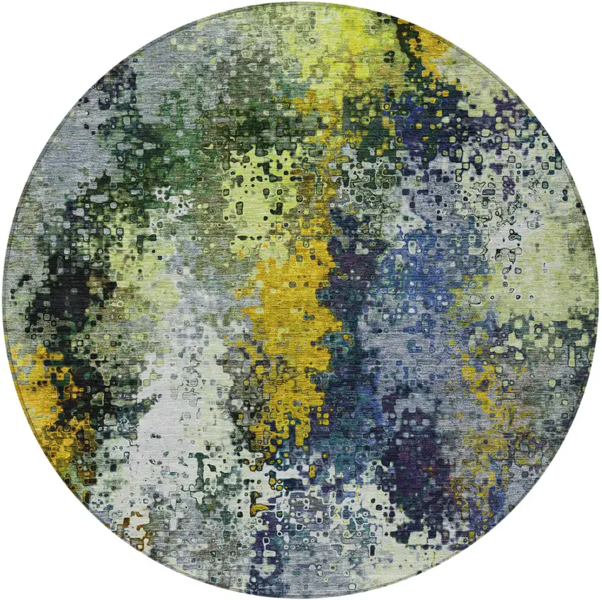 8' Green Gold And Charcoal Round Abstract Washable Indoor Outdoor Area Rug Photo 4