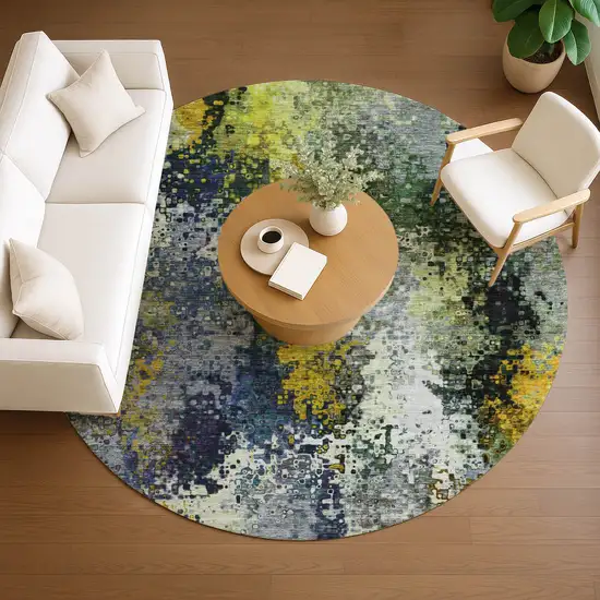 8' Green Gold And Charcoal Round Abstract Washable Indoor Outdoor Area Rug Photo 8