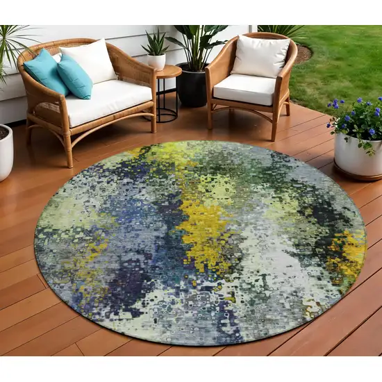 8' Green Gold And Charcoal Round Abstract Washable Indoor Outdoor Area Rug Photo 1