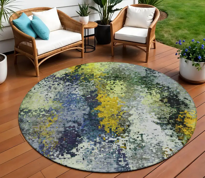 8' Green Gold And Charcoal Round Abstract Washable Indoor Outdoor Area Rug Photo 1