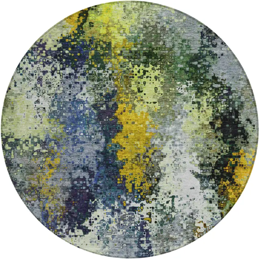 8' Green Gold And Charcoal Round Abstract Washable Indoor Outdoor Area Rug Photo 2