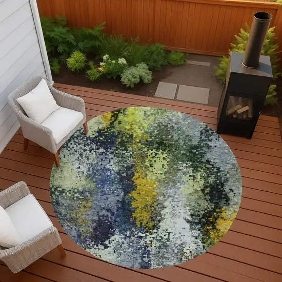 8' Green Gold And Charcoal Round Abstract Washable Indoor Outdoor Area Rug Photo 7