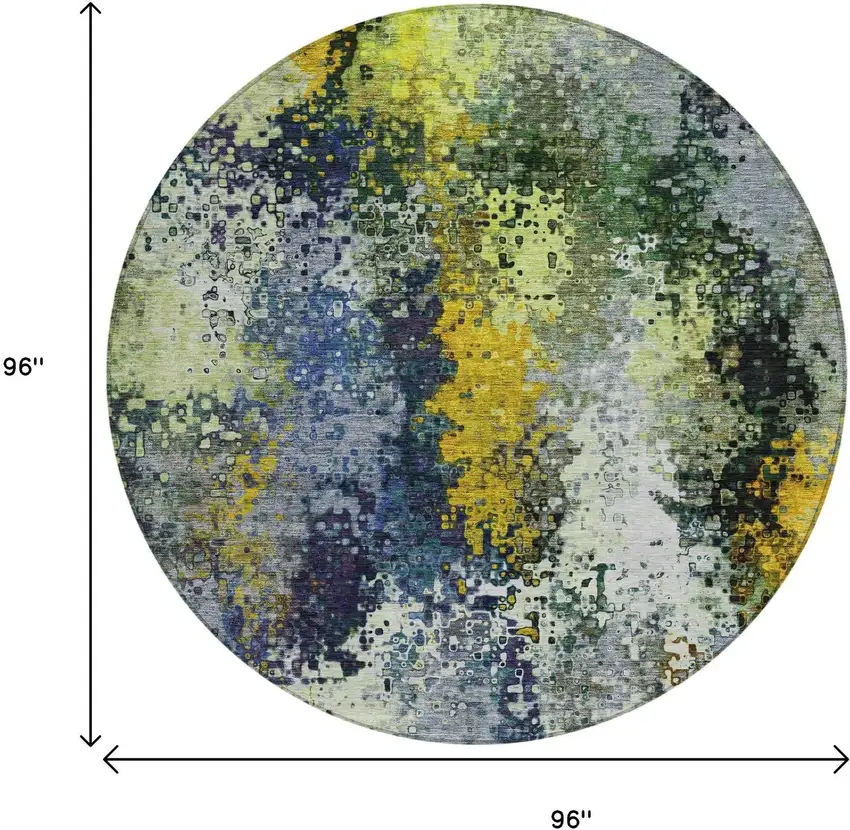 8' Green Gold And Charcoal Round Abstract Washable Indoor Outdoor Area Rug Photo 3